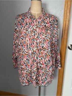 Lands End Womens-100% Linen Shirt Long Sleeve Button Up-Multicolor-SZ 3X